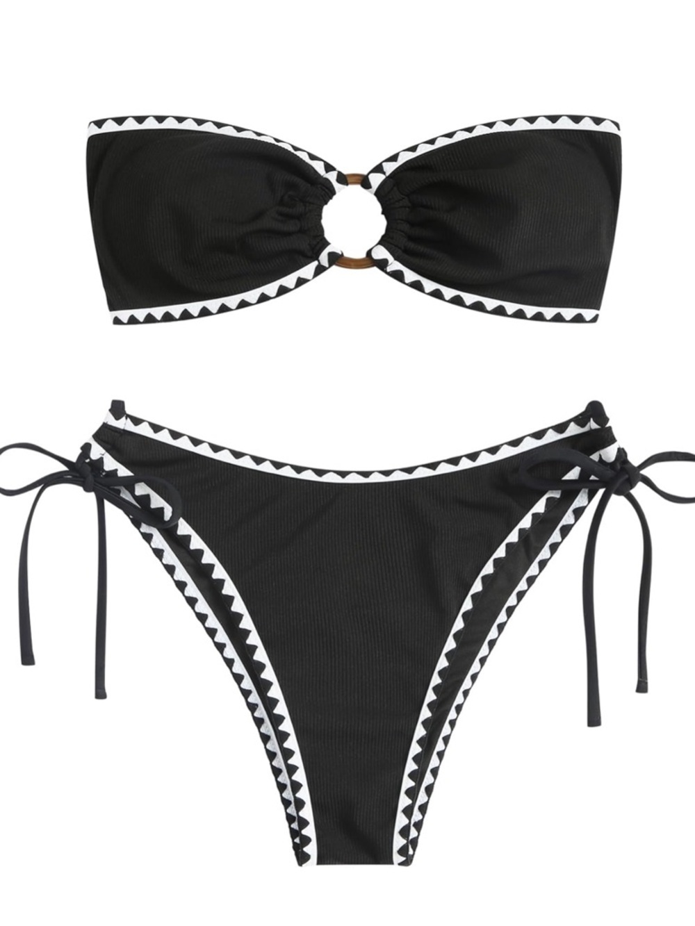 NWT Zaful Black Bandeau O Ring Bikini with White Geometric Trim Size Small
